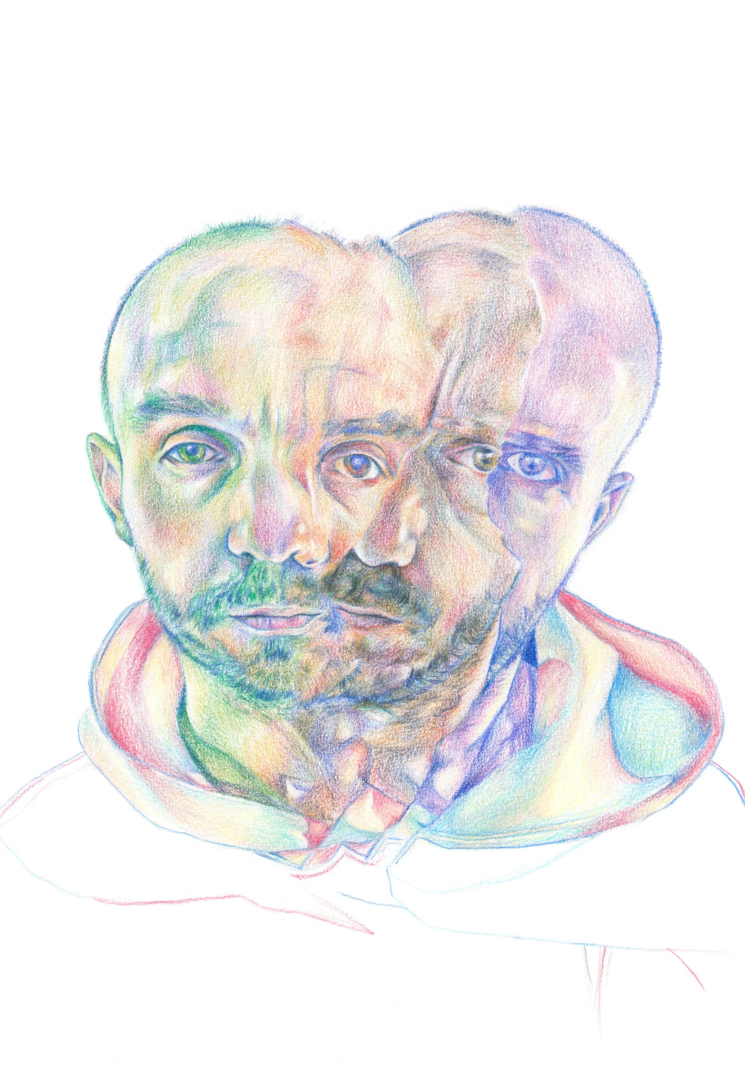 Colorful pencil drawing of a man's overlapping faces with different expressions, wearing a hoodie.