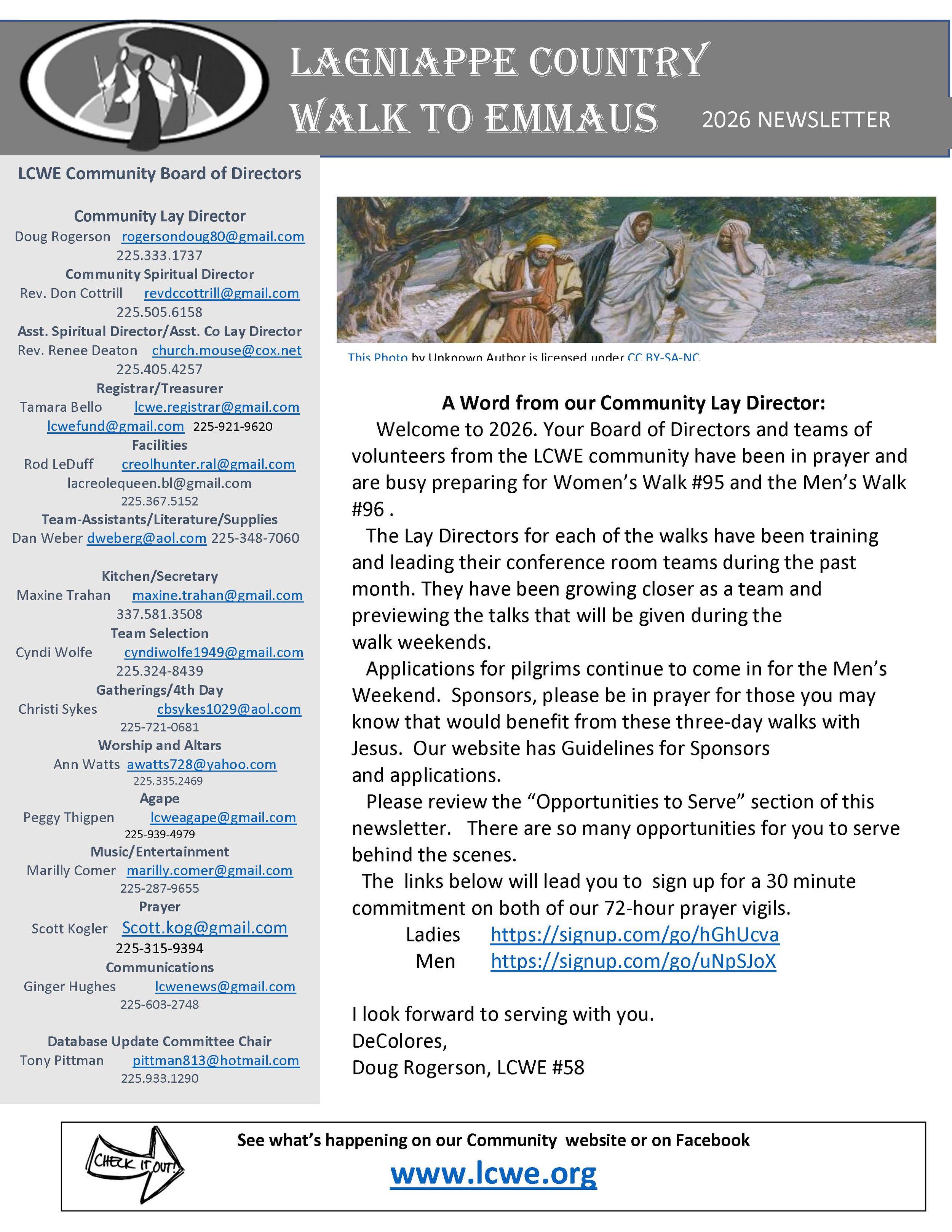 2026 newsletter for Lagniappe County Walk to Emmaus featuring a community update, team and event information, and links for sign-ups.