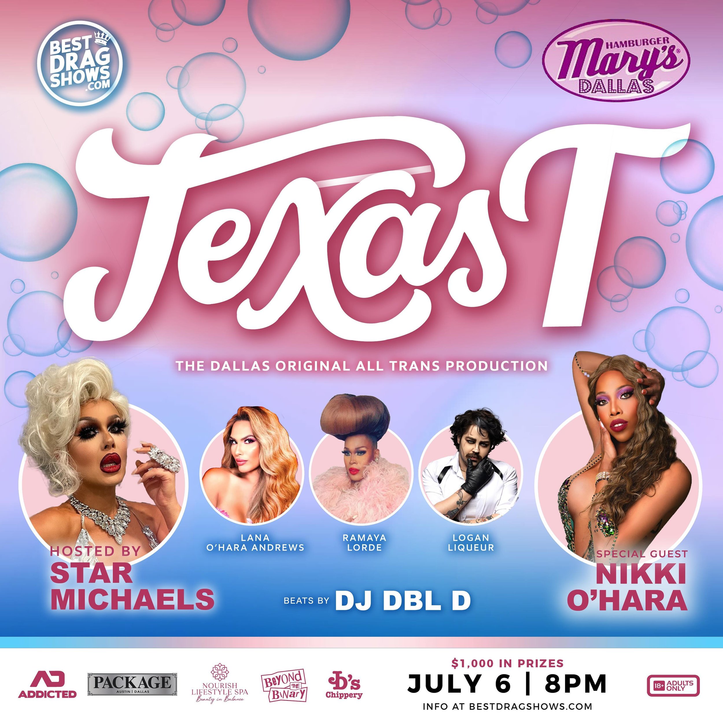 SATURDAY! We are back for another stellar night of drag excellence! Texas T returns to the iconic Hamburger Mary&rsquo;s Dallas with special guest Nikki O&rsquo;Hara, with Logan Liqueur, Ramaya Lorde and Lana O&rsquo;Hara Andrews. And of course hoste