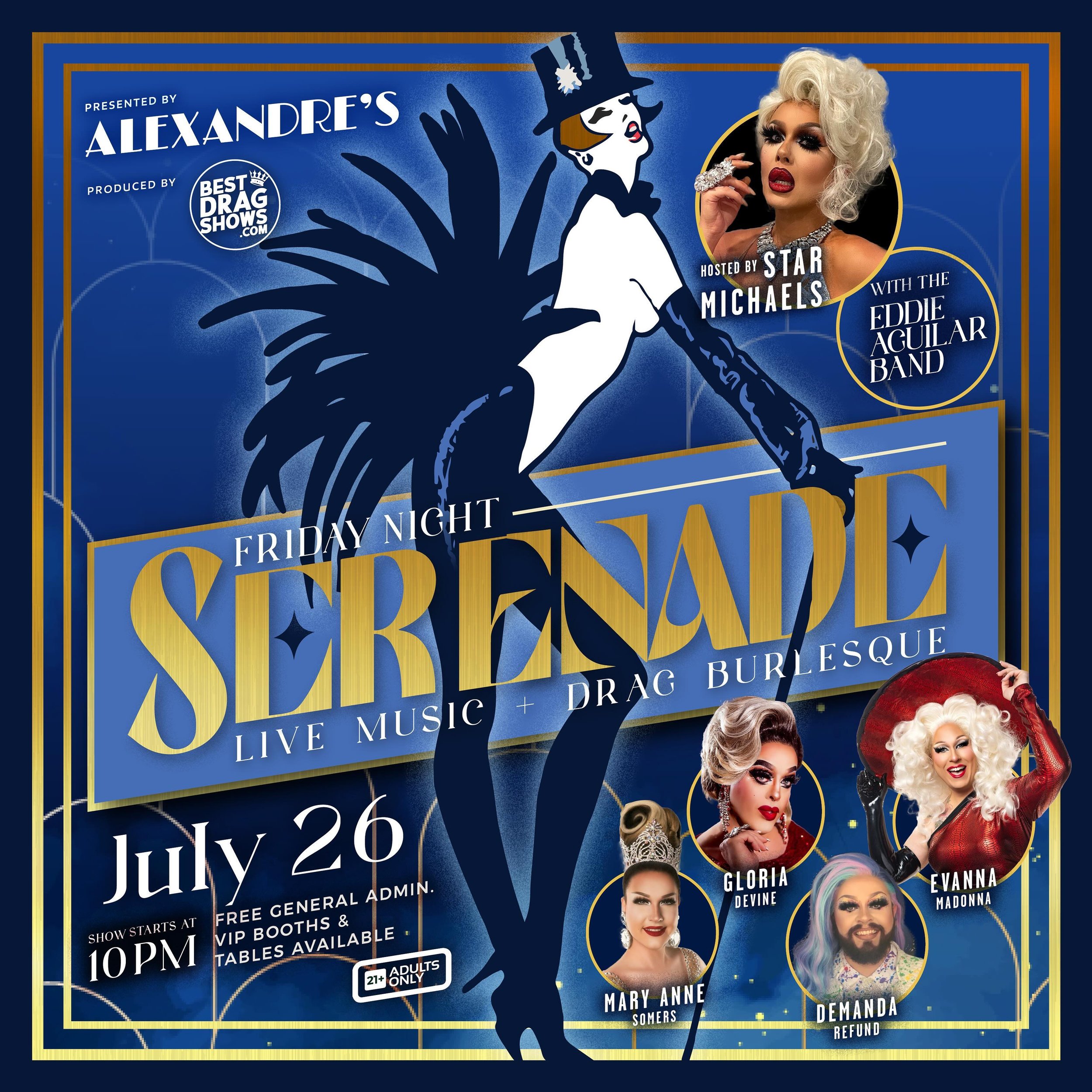 Serenade is back next FRIDAY!!! Catch our amazingly talented cast of singing queens backed by a live band July 26th at Alexandre&rsquo;s! 

This show is FREE to the public but we have VIP booths available with a complimentary charcuterie board!

Head