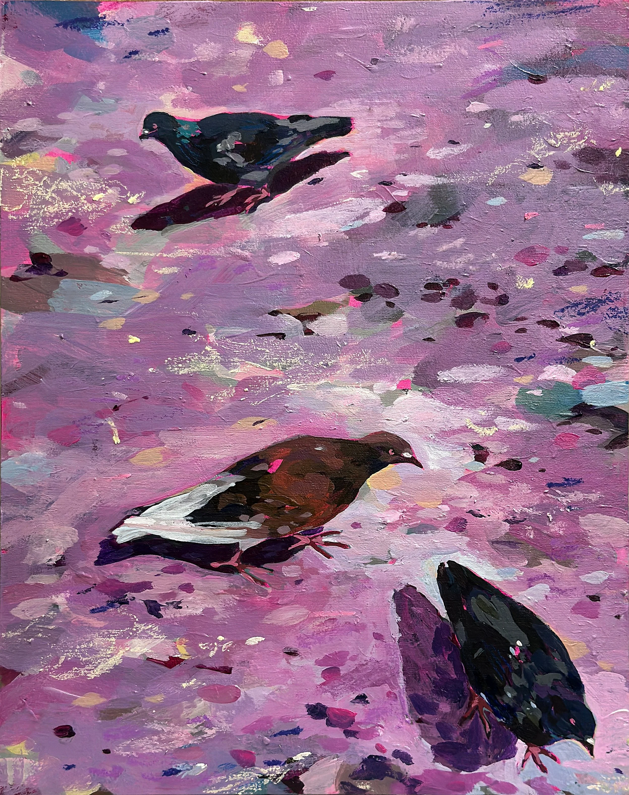 'Pink pigeons', Acrylic on canvas board, 24 x 30 cm