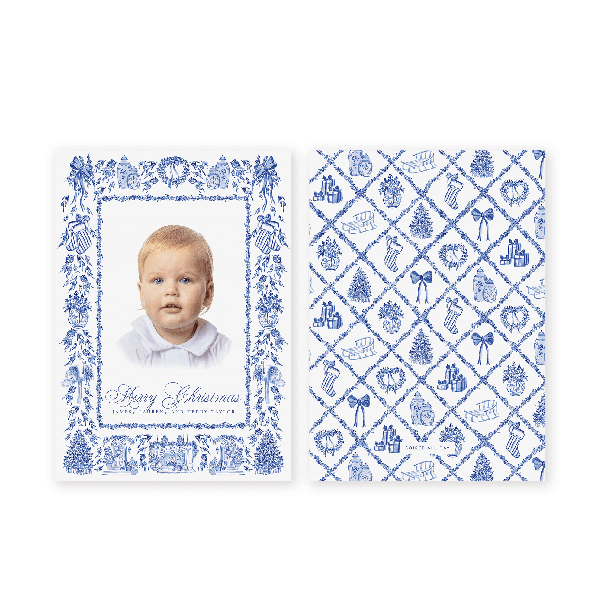 Christmas Toile Holiday Card - Blue