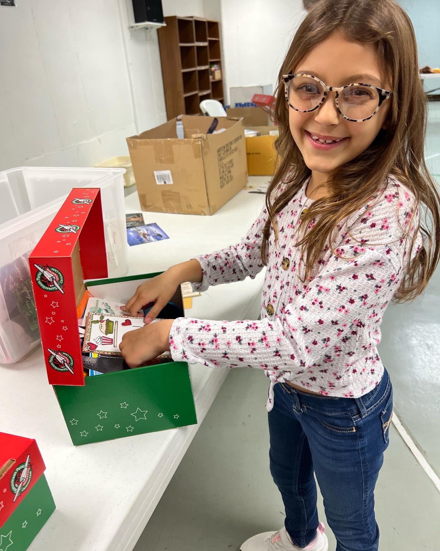 Packing boxed for Operation Christmas Child