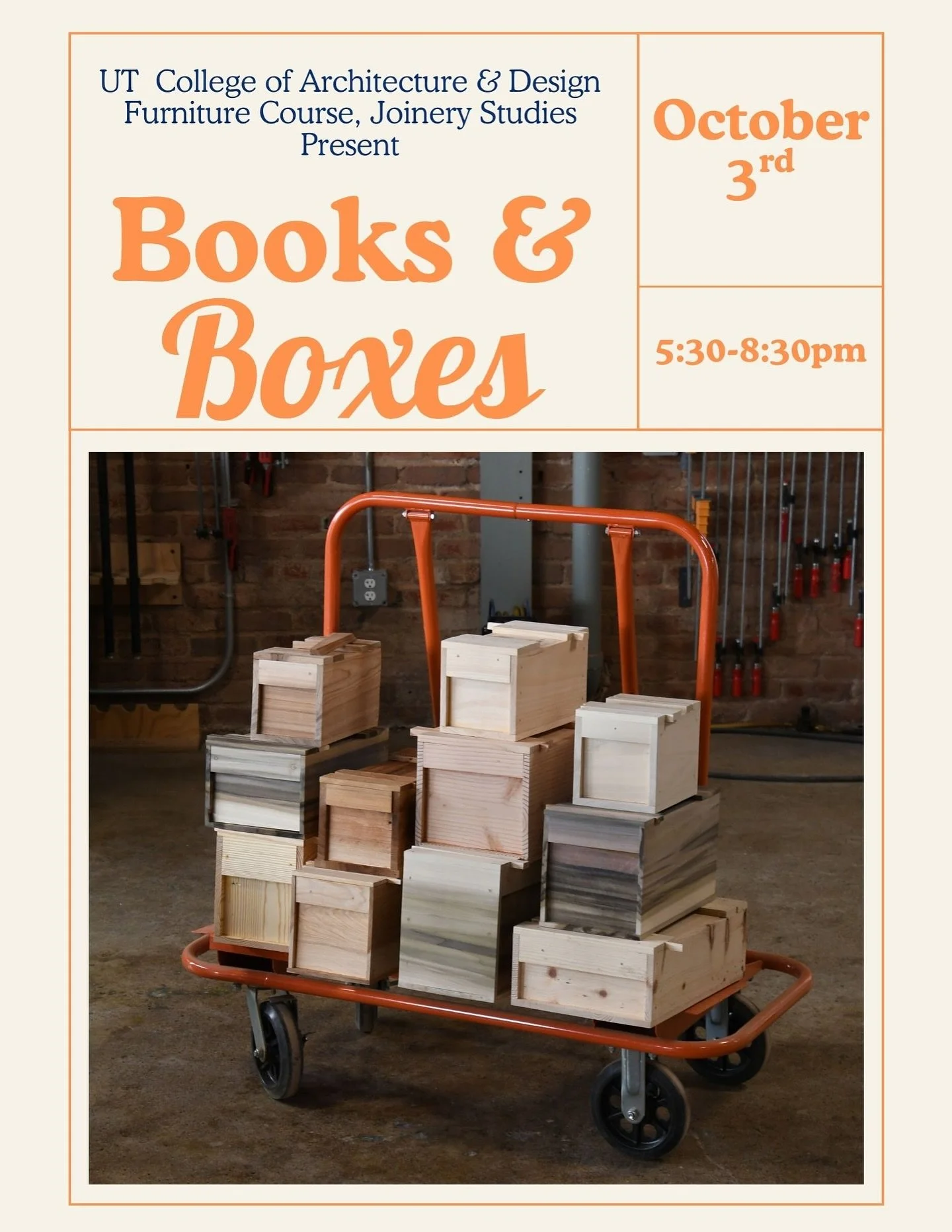 One night exhibition featuring student work from the first two projects of the UT Collage of  Architecture &amp; Design Furniture Course! 
Friday October 3rd 5:30-8:30pm
