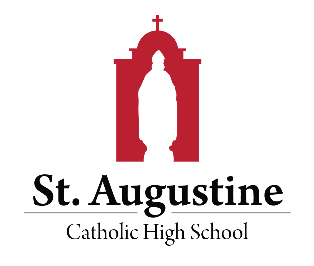 Logo for St. Augustine Catholic High School featuring a silhouette of a saint in front of a church with a cross on top, in red and black colors.