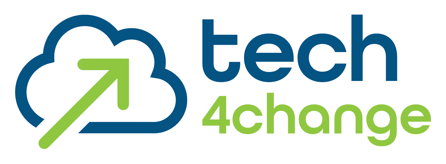 "Tech 4 Change" logo with a cloud and upward arrow design.