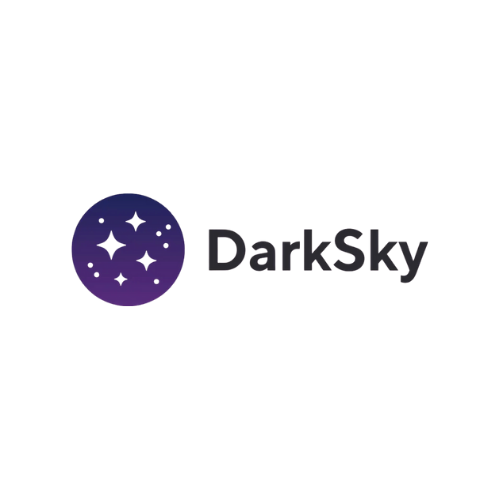 DarkSky logo featuring white stars in a purple circle and the text 'DarkSky' in black.