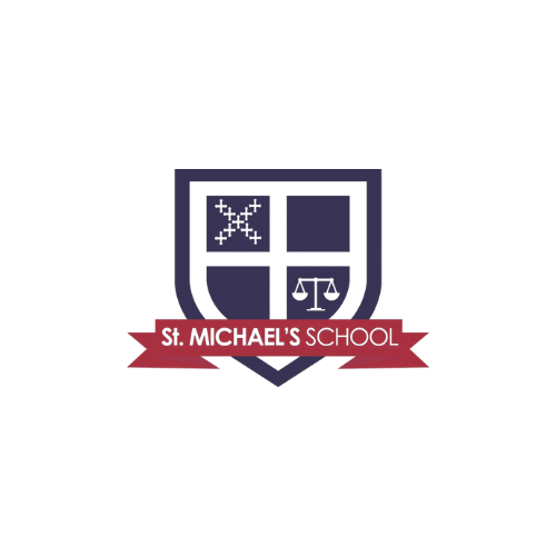 St. Michael's School logo featuring a shield with a cross pattern and scales icon, and a red banner with the school name.
