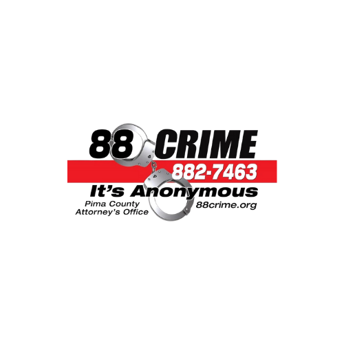 Image of a crime reporting advertisement featuring handcuffs, the text '88 CRIME', phone number '882-7463', and the words 'It's Anonymous'. It includes 'Pima County Attorney's Office' and the website '88crime.org'.