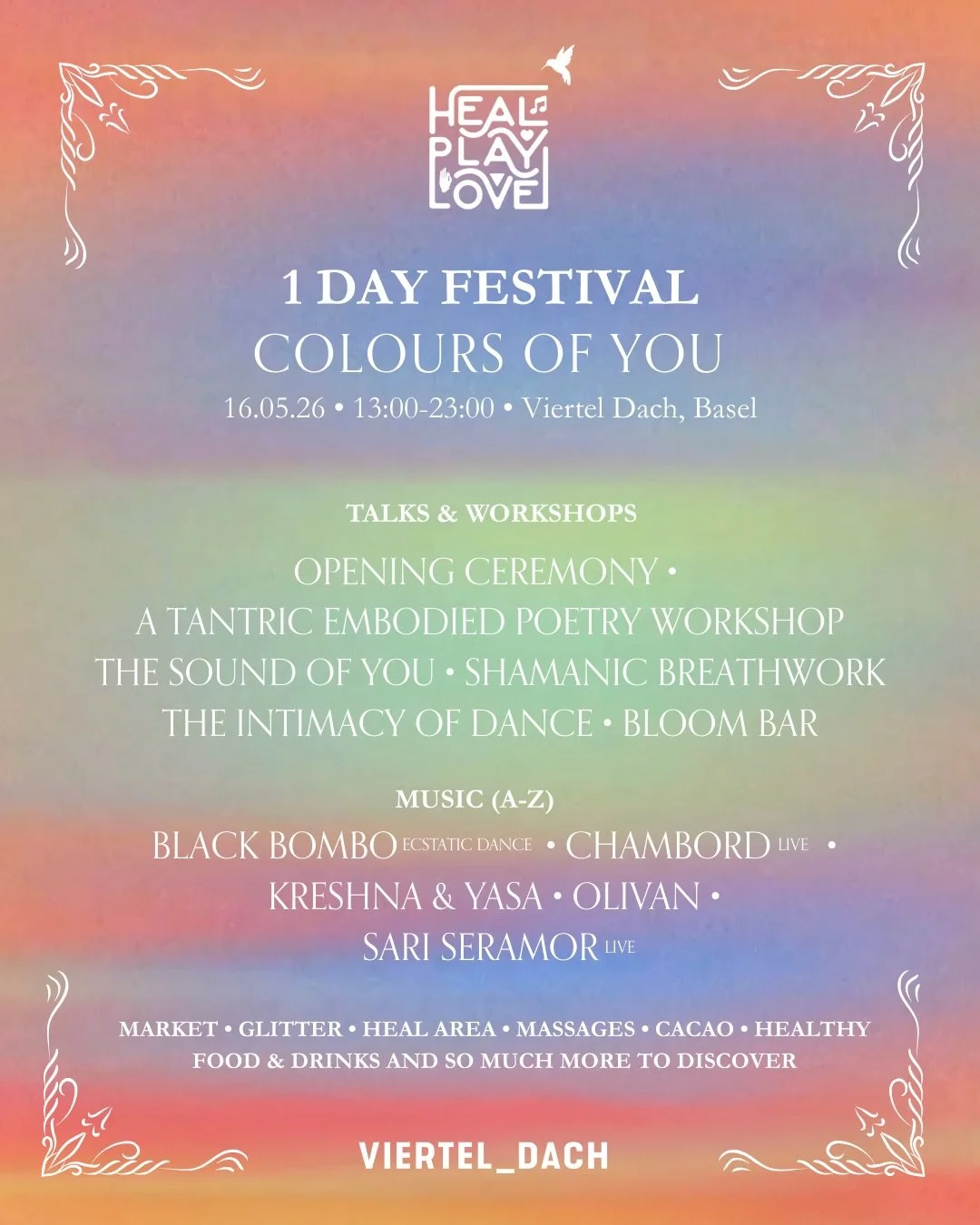 The lineup for The Colours of You! 🌈

One day. One rooftop. A full spectrum of experience.

A carefully curated journey of music, embodiment, and connection - above the city.

Throughout the day, you&rsquo;ll explore workshops like&hellip;
Shamanic 