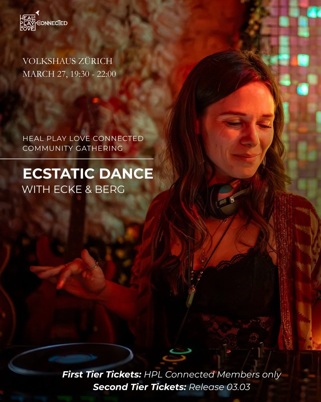 Tickets for the Ecstatic Dance are out. 🤍

Our next Heal Play Love Connected gathering is happening - and this one is going to move you. Literally. 💃

On&nbsp;March 27, we&rsquo;re taking over&nbsp;Volkshaus Z&uuml;rich&nbsp;again for an Ecstatic D