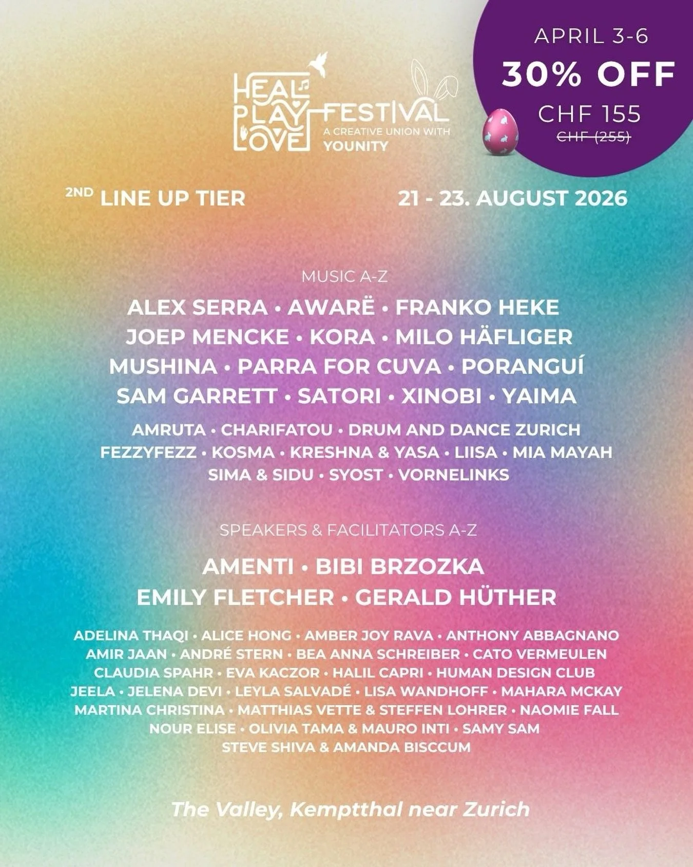 The Heal Play Love Festival lineup just got even better. 😍

And alongside it - something we&rsquo;ve never offered before.

Turns out the Easter Bunny is a festival fan&hellip;
This weekend only: your 3-day festival pass, 30% off! 🐣

CHF 155 instea
