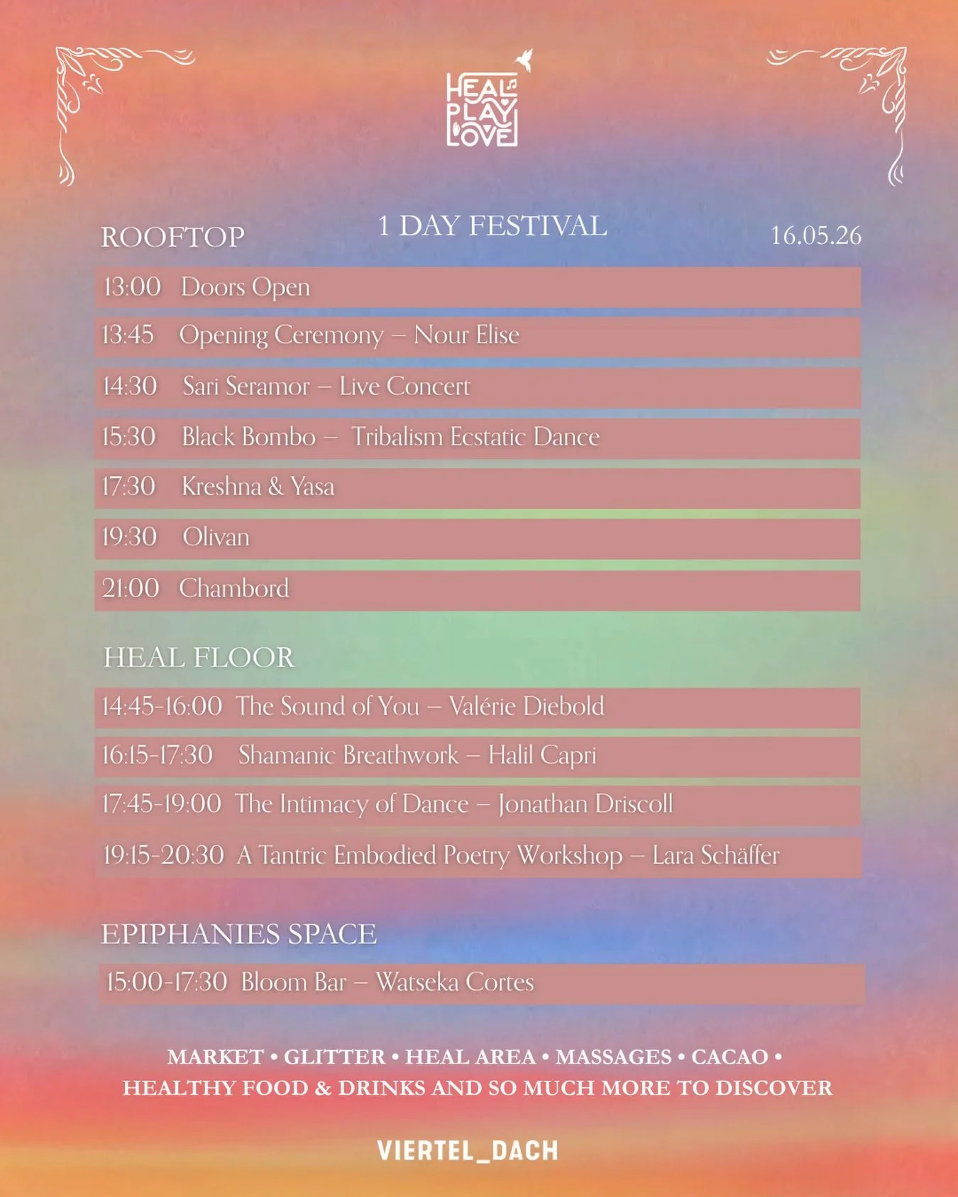 The timetable for Colours of You is out! 😍

A full day to come together&hellip; to heal, to play, to love. 

When this community gathers - we remember that connection is the answer to almost everything. 🤍

Get your 3rd Release Tickets now, link in 