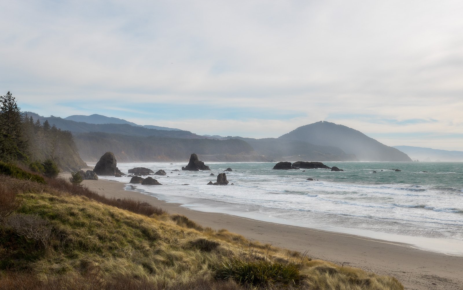 Waves roll toward a rugged Oregon coastline lined with sea stacks, golden grasses, and forested headlands under a soft morning sky