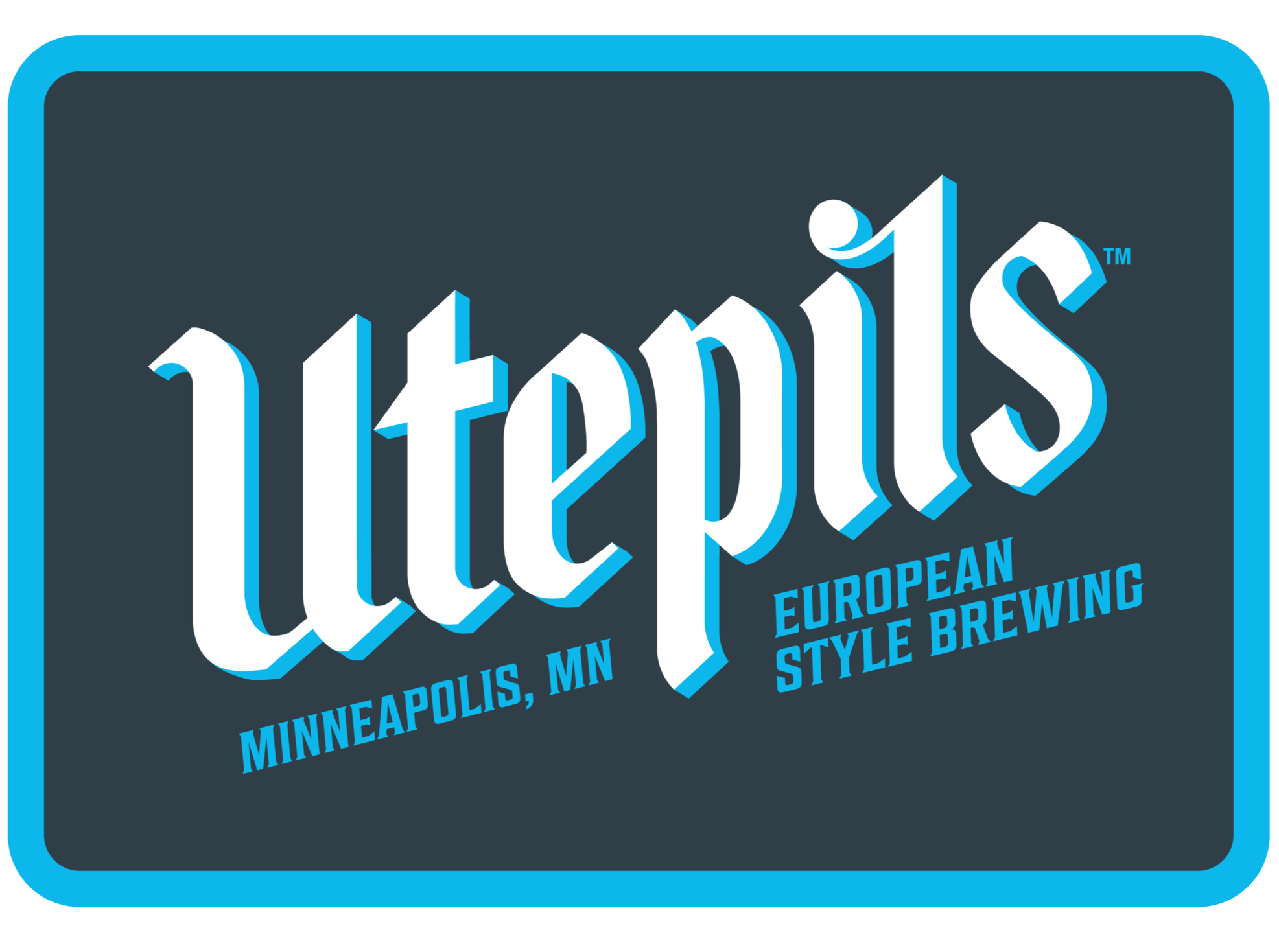 Logo for Enlightened Brewing Company, a European style brewing company located in Minneapolis, Minnesota, with text in a stylized font and a blue border.