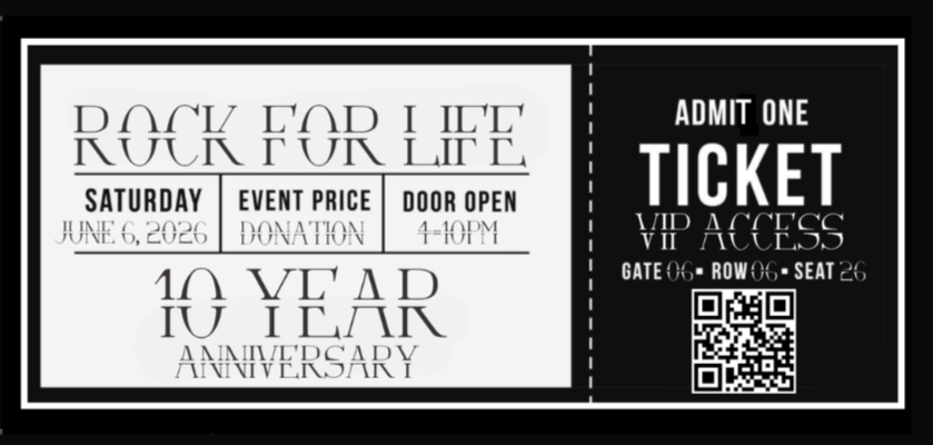 Event ticket for a celebration on June 6, 2026, with VIP access, door open from 4 to 11 PM, priced for donation, featuring a QR code and seating details.