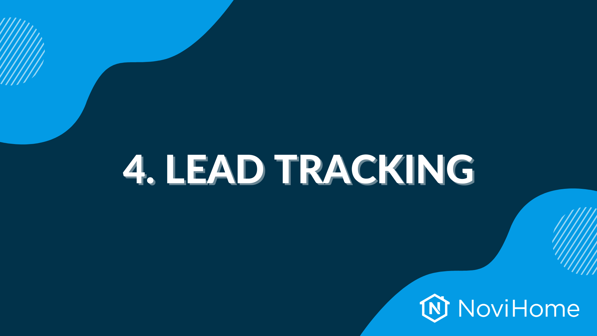 NoviHome slide titled "4. Lead Tracking" with blue abstract design.