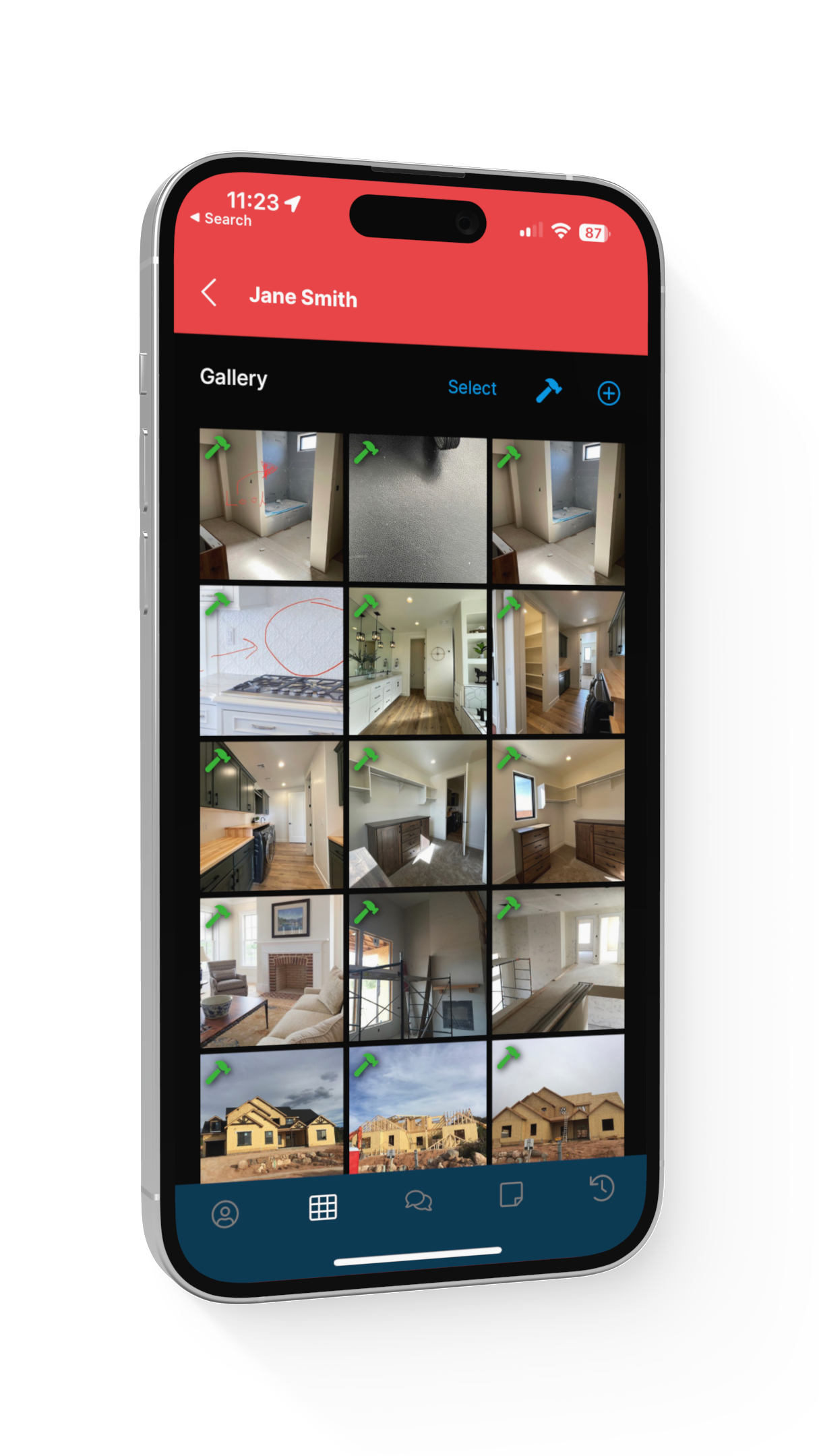 Smartphone screen displaying a photo gallery with images of interior and exterior house construction and design. The gallery includes pictures of rooms, construction sites, and architectural details. The top of the screen shows a red header with a name."
