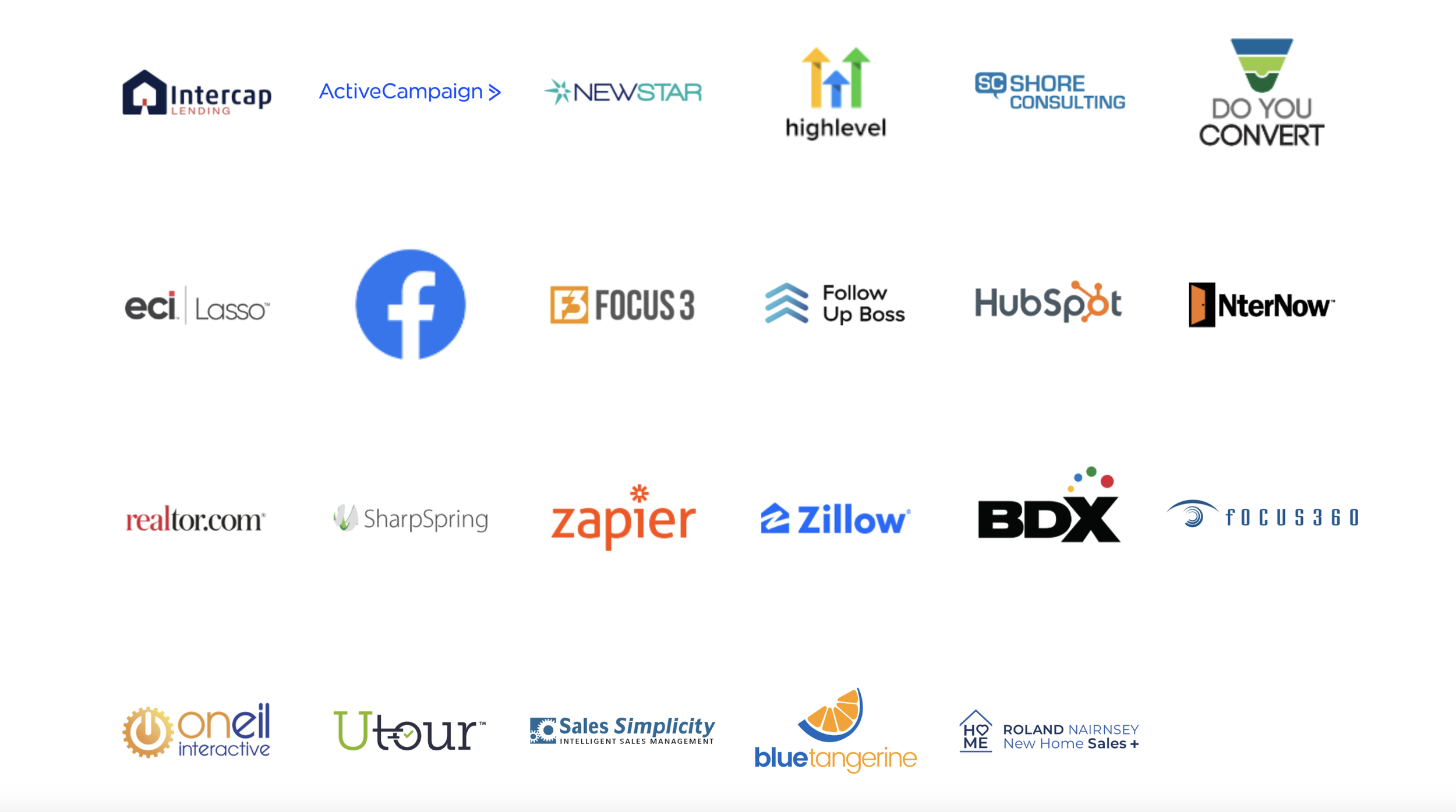 Various company logos including Intercap Lending, ActiveCampaign, NewStar, HighLevel, Shore Consulting, Do You Convert, ECI Lasso, Facebook, Focus 3, Follow Up Boss, HubSpot, NterNow, Realtor.com, SharpSpring, Zapier, Zillow, BDX, Focus360, ONeil Interactive, UTour, Sales Simplicity, Blue Tangerine, and Roland Nairnsey New Home Sales.