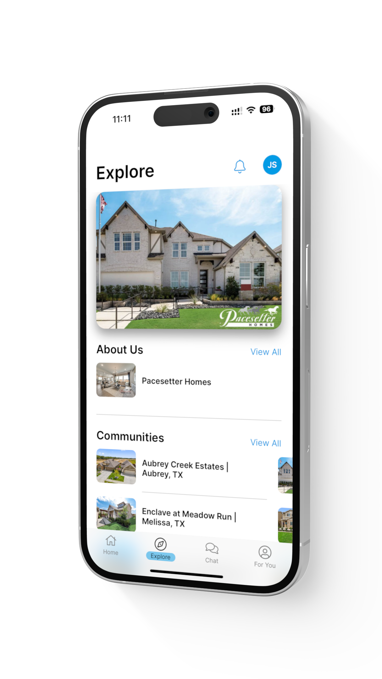 Smartphone screen displaying a real estate app with an "Explore" section, listing homes and communities like "Aubrey Creek Estates" and "Enclave at Meadow Run.""