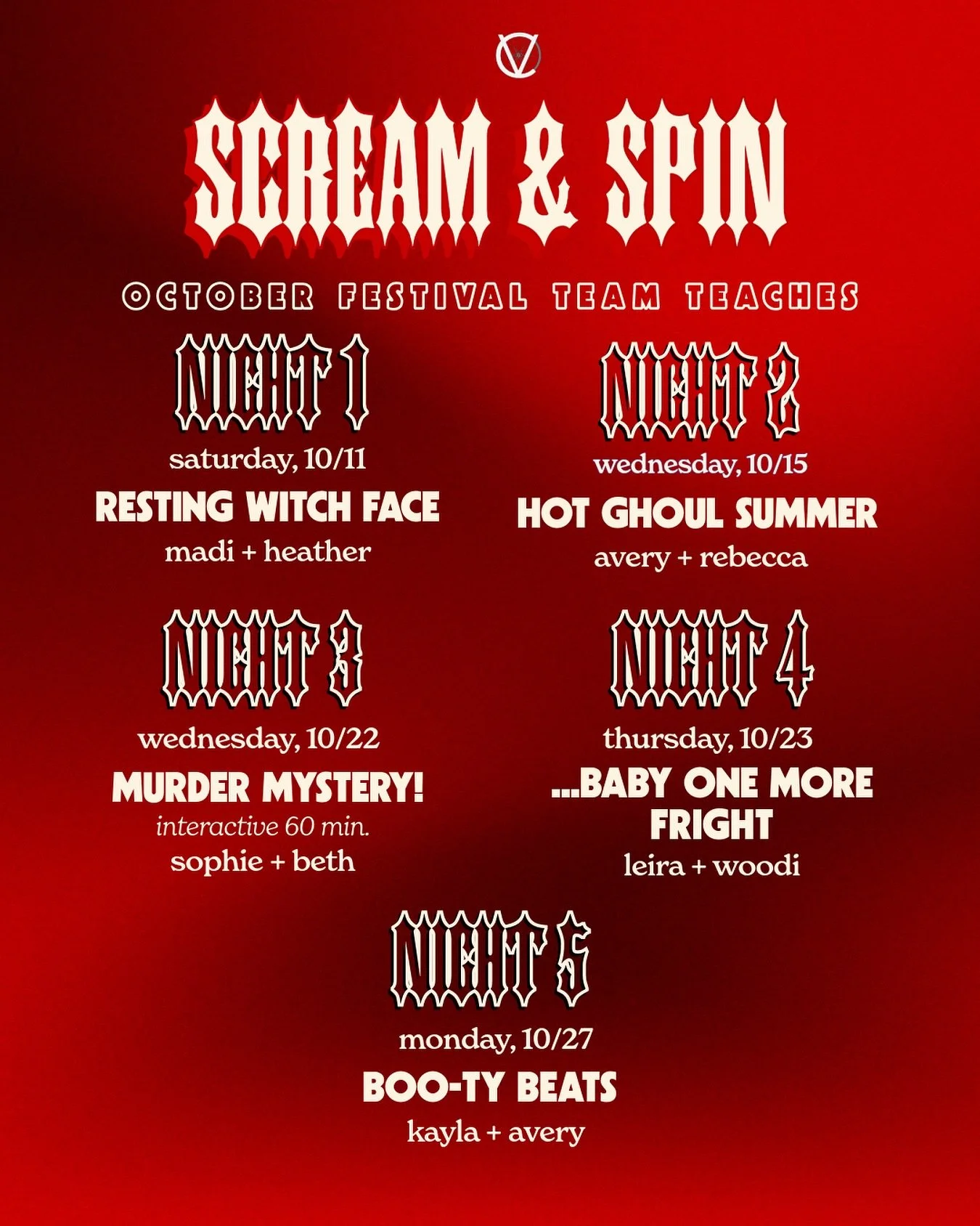 💀🩸 SCREAM + SPIN 2025 🩸💀
Join us for 5 freaky team teach nights at Vault Cycle, the first one is this week! 🕸️ Look forward to spooky fun rides, &amp; more! Booking opens 14 days before each night. 🎃
