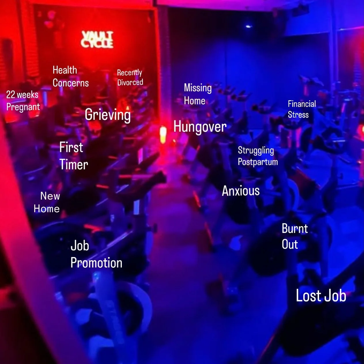 We are very aware when our riders walk through those doors, they are carrying a thousand different stories.
We close the ride room doors, dim the lights, &amp; let the music do what it does best&mdash; it gives them permission to just be. 
Whatever b