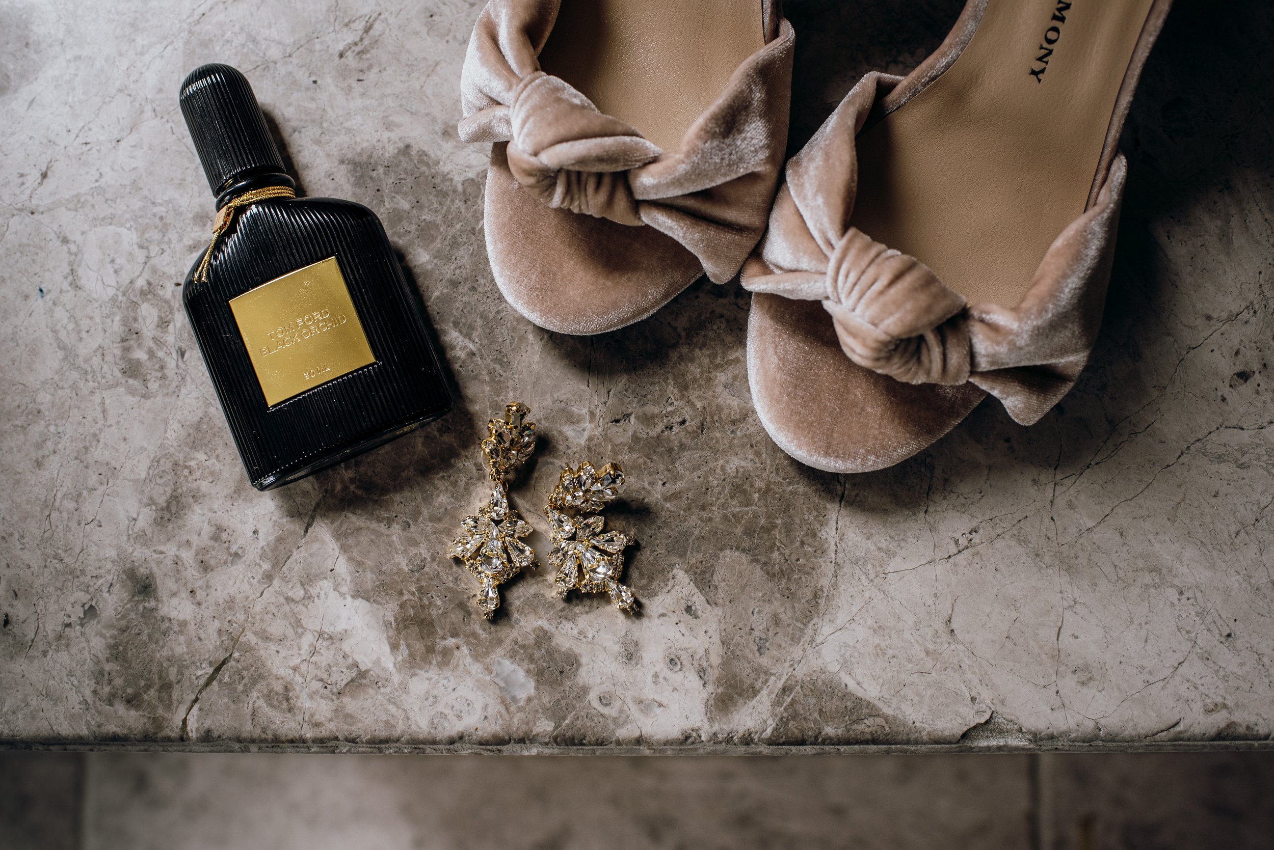 wedding shoes, earrings and perfume