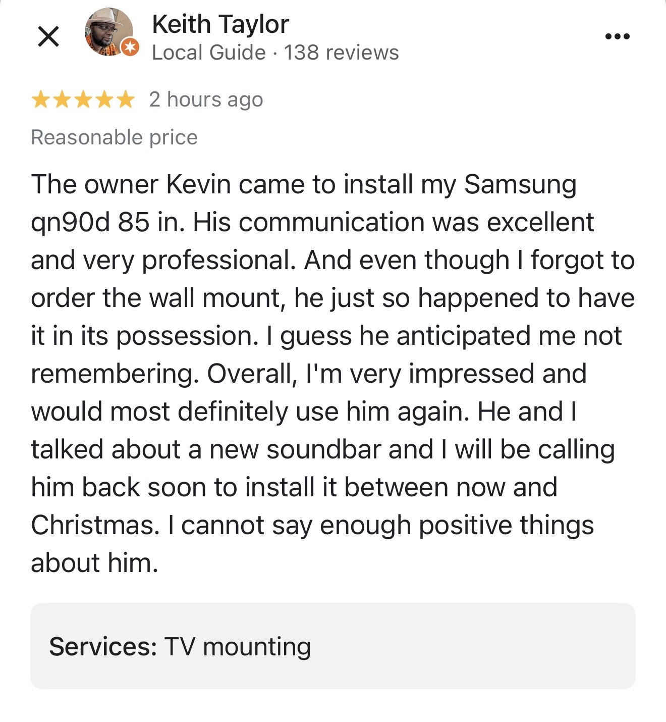 Customer review of a TV mounting service, praising the technician's professionalism, communication, and performance.