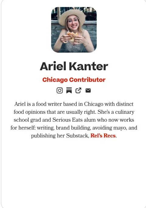 Profile card of Ariel Kanter, a Chicago food writer, smiling while holding a sandwich, wearing a large beige hat.