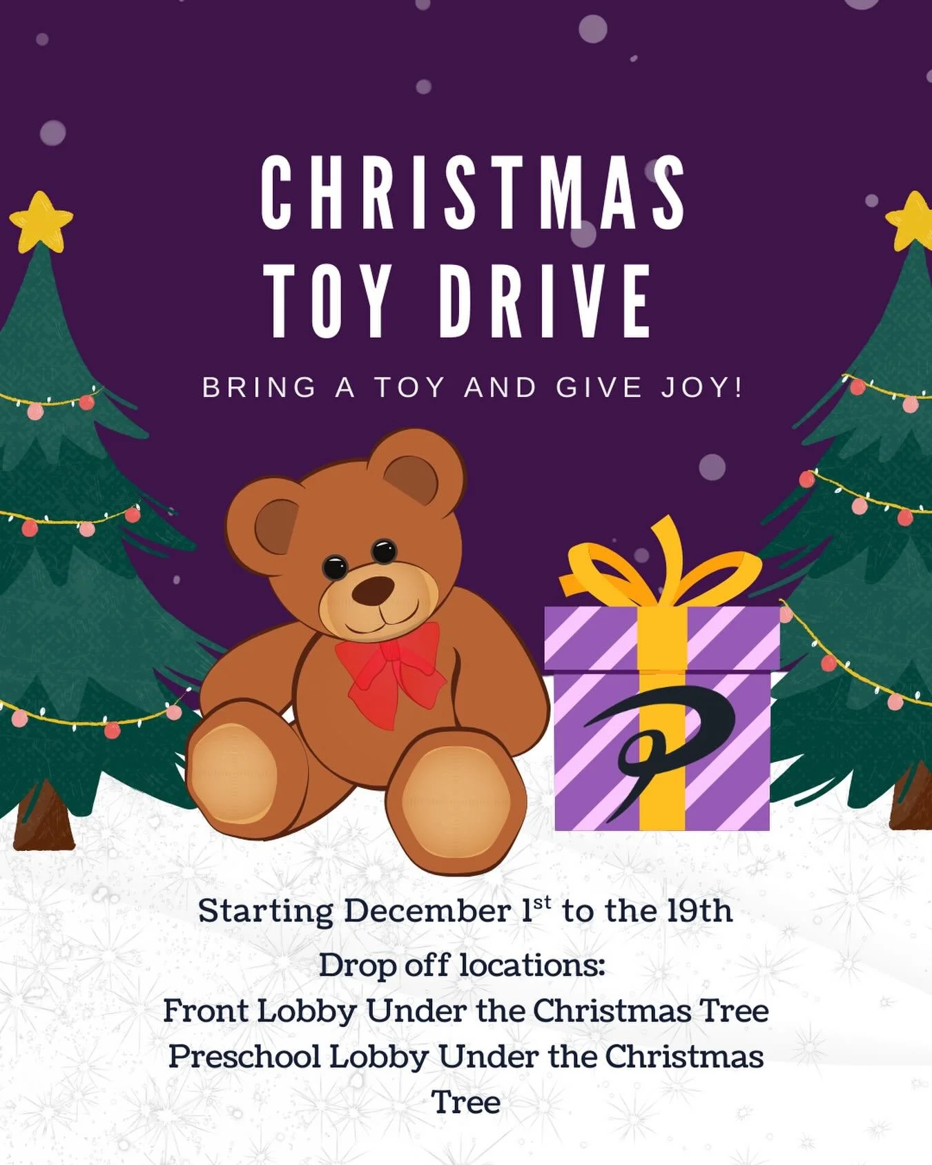 ✨ CHRISTMAS TOY DRIVE ✨
Bring a toy and give joy! 💝

We&rsquo;re collecting new, unwrapped toys to help make the holidays brighter for children in our community

December 1st &ndash; 19th
Drop-off Locations:
Front Lobby &ndash; Under the Christmas T