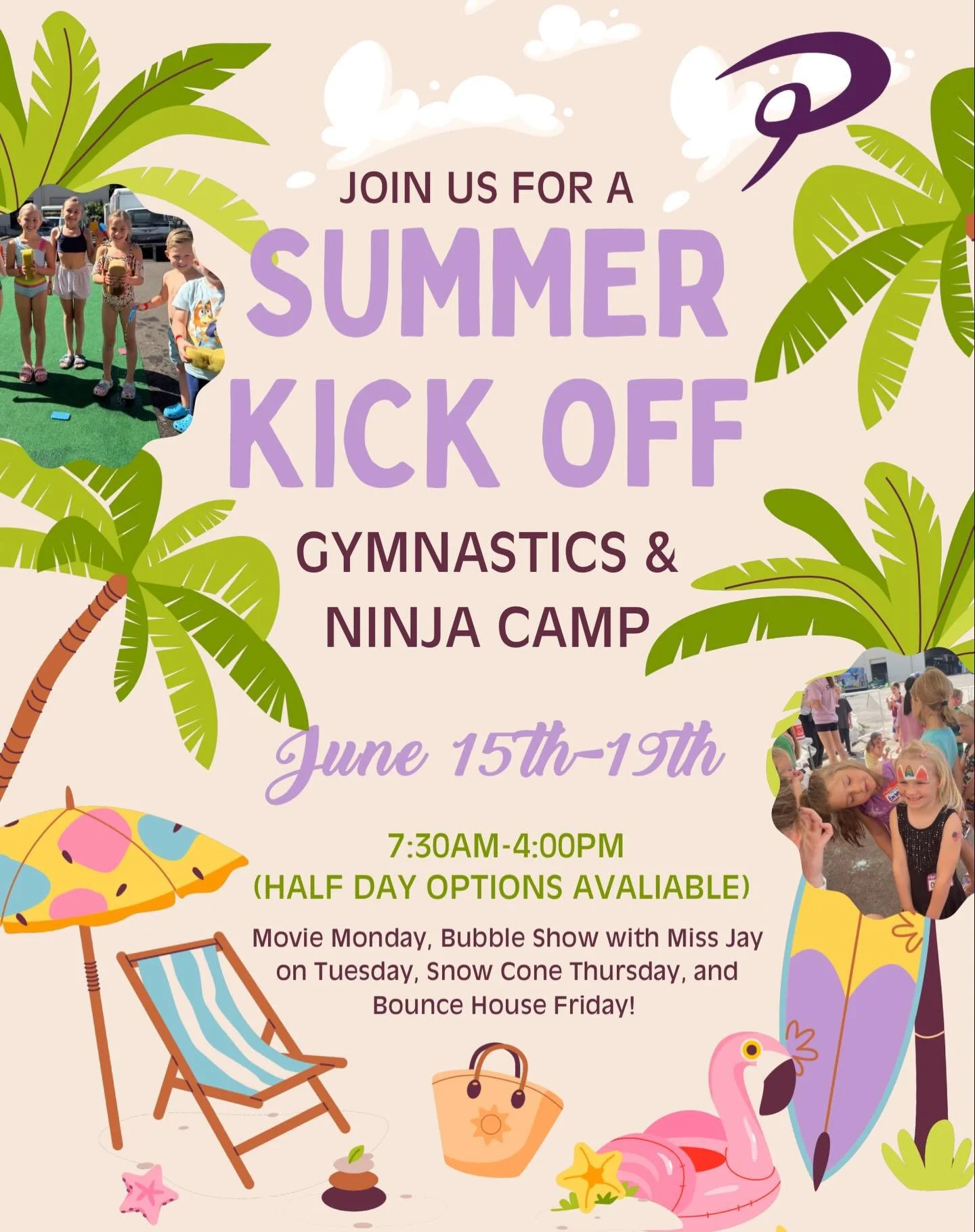 ☀️🌴 SUMMER KICK OFF CAMP IS ALMOST HERE! 🌴☀️

Join us for a week full of fun, movement, and memories at our Gymnastics &amp; Ninja Camp! 💜

June 15th&ndash;19th (you can sign up for one day if you can&rsquo;t do the full week!) 

7:30AM&ndash;4:00