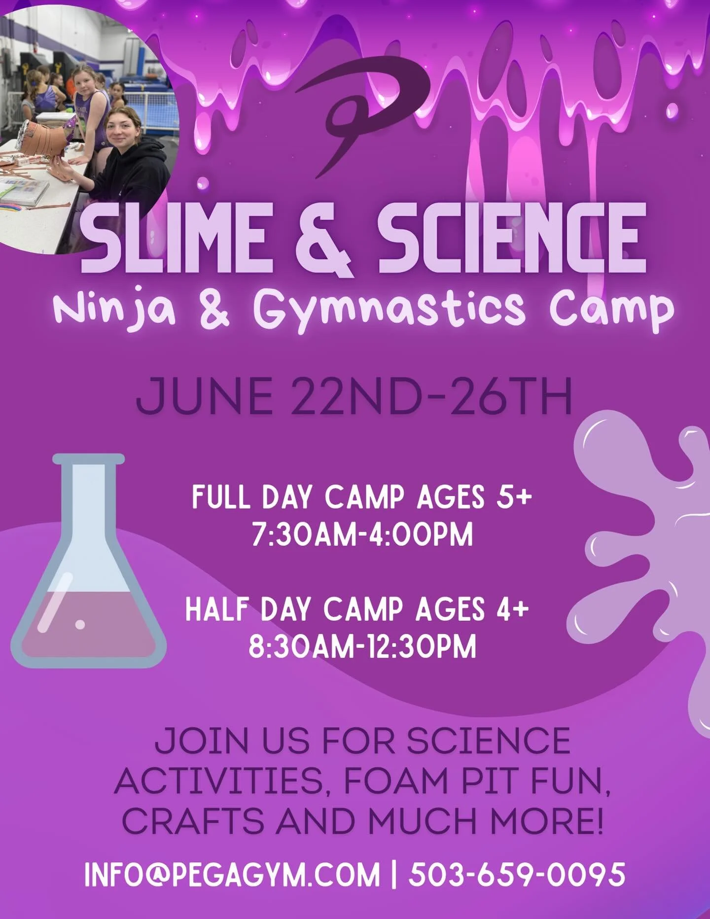 Our Slime &amp; Science Ninja &amp; Gymnastics Camp is the perfect mix of hands on experiments, and high energy fun🧪💜

June 22nd&ndash;26th
Full Day (Ages 5+): 7:30AM&ndash;4:00PM
Half Day (Ages 4+): 8:30AM&ndash;12:30PM

From slime making and scie