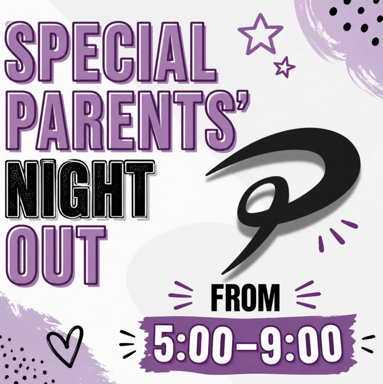 This month is jam packed with Parents Night Out!!💜 

Come join us for another PNO this Saturday from 5:00-9:00! We can&rsquo;t wait to see you there!