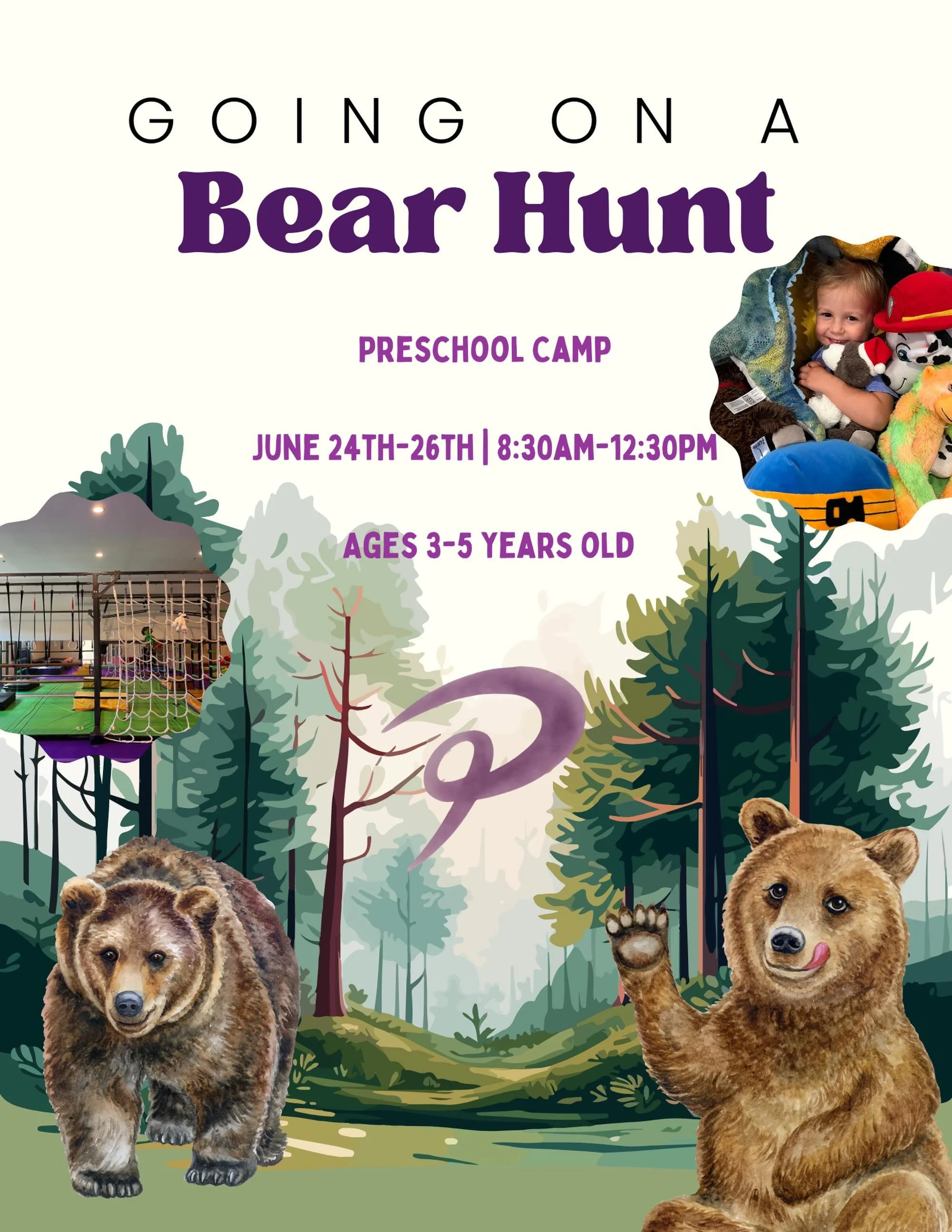 Join us June 24th-26th on our bear hunt!🧸

Preschool camp for ages 3-5 years old 💜

8:30am-12:30pm

Don&rsquo;t miss out!! 🤩

#kidscamp #gymnastics #preschool #goingonabearhunt🐻