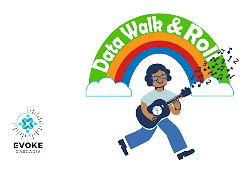 Illustration of a person walking while playing a guitar beneath a rainbow labeled “Data Walk & Roll,” with musical notes floating around them and the Evoke Cascadia logo in the corner.