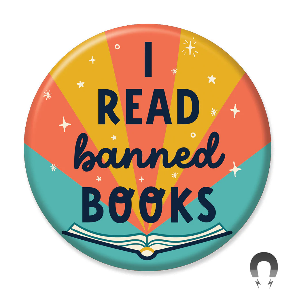 A circular illustration with an orange, yellow, and teal sunburst background and an open book, reading 'I READ BANNED BOOKS'