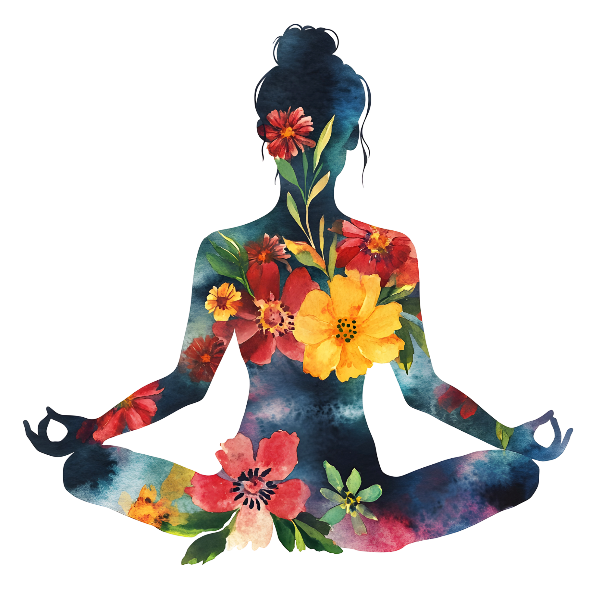 Watercolor illustration of a person meditating in a lotus pose, filled with bright floral patterns in red, yellow, pink, and green against a black background.