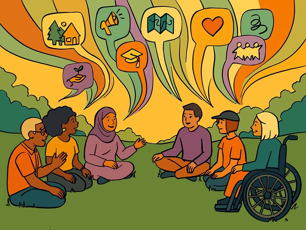 Illustrated group of diverse people sitting together outdoors in a circle, with colorful speech bubbles above them showing icons for community, education, support, and care.