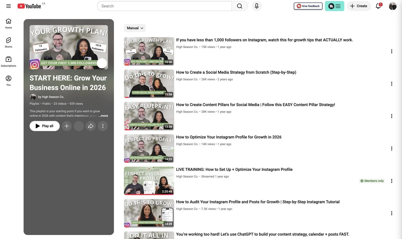 A High Season YouTube playlist that guides viewers from one video to the next