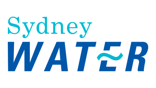 Logo with the words 'Sydney Water' in blue text.