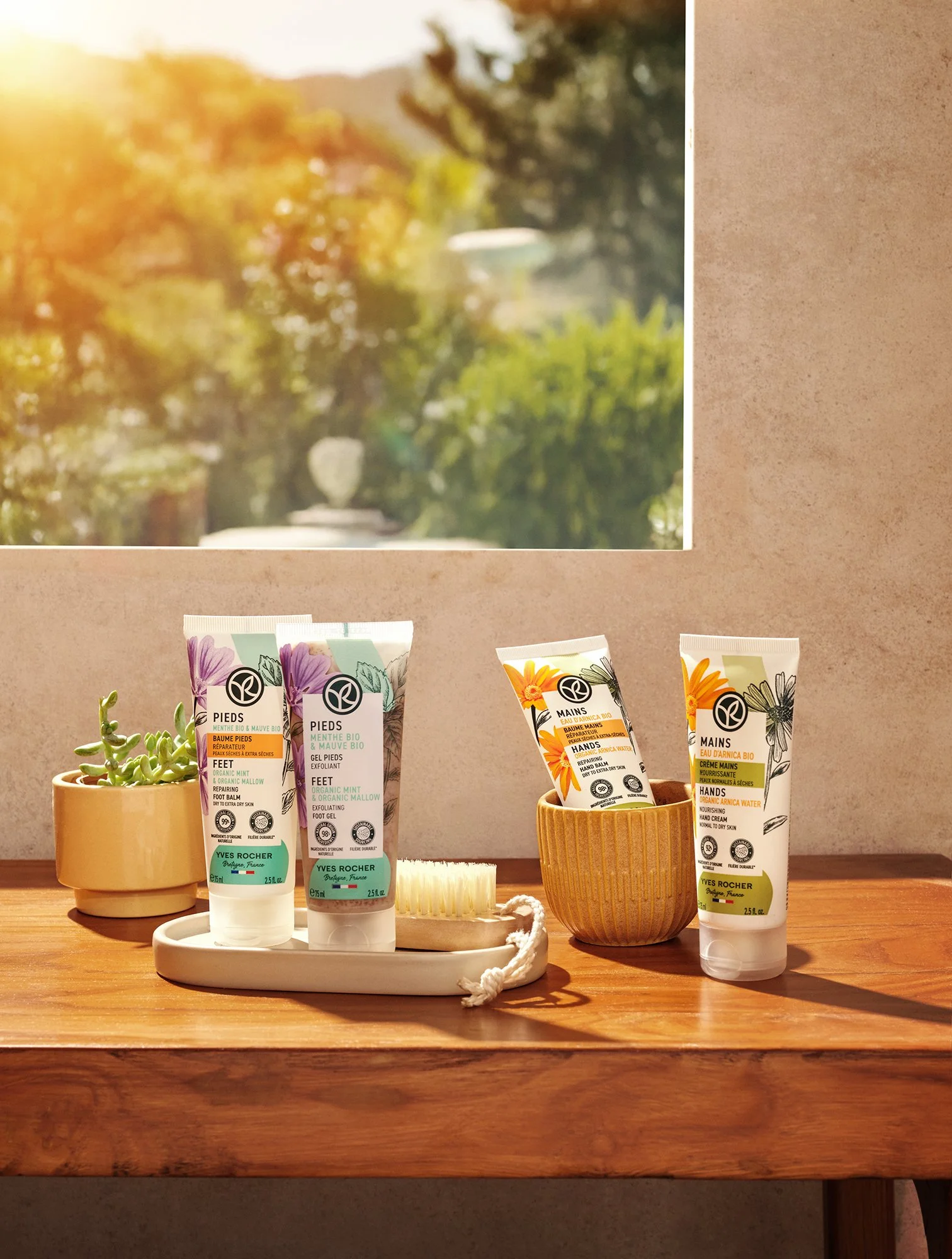 Ahşap bir masa üzerinde çeşitli Yves Rocher cilt bakım ürünleri; arka planda saksılı sukulent, fırçalar ve bitkiler yer alıyor.