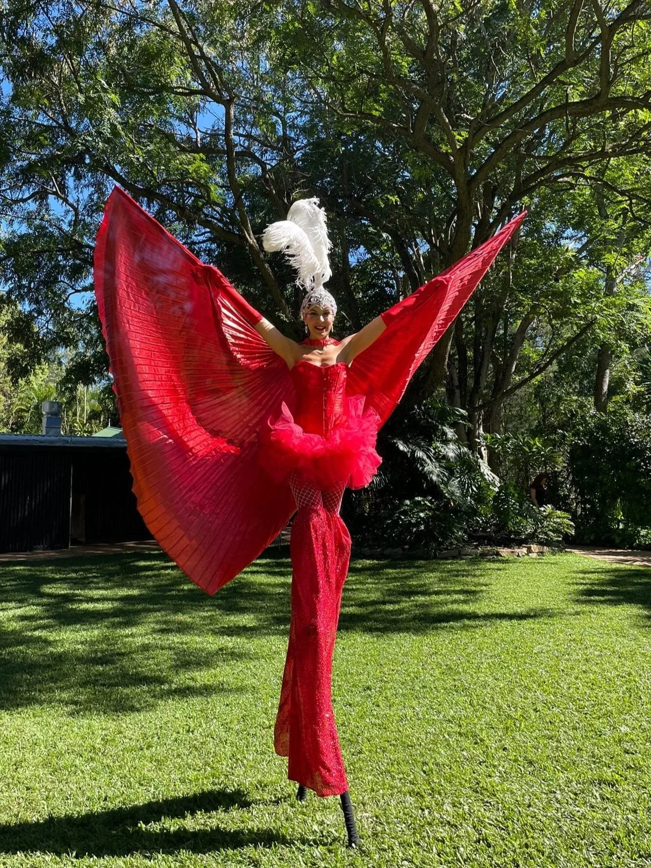 Red showgirl stilts event entertainment Brisbane