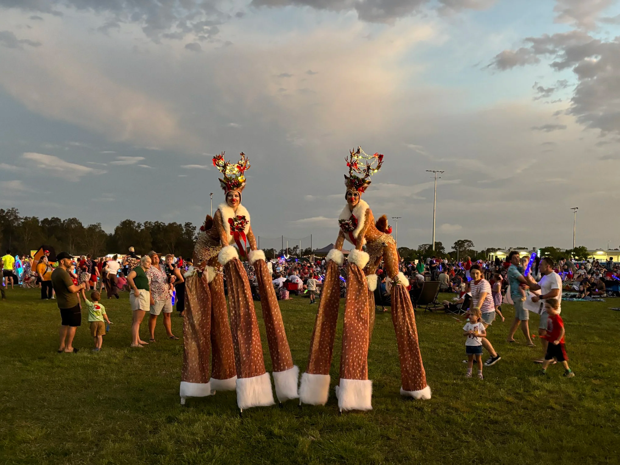 Christmas stilt walkers reindeers characters Eyes Up Events roving entertainment Brisbane