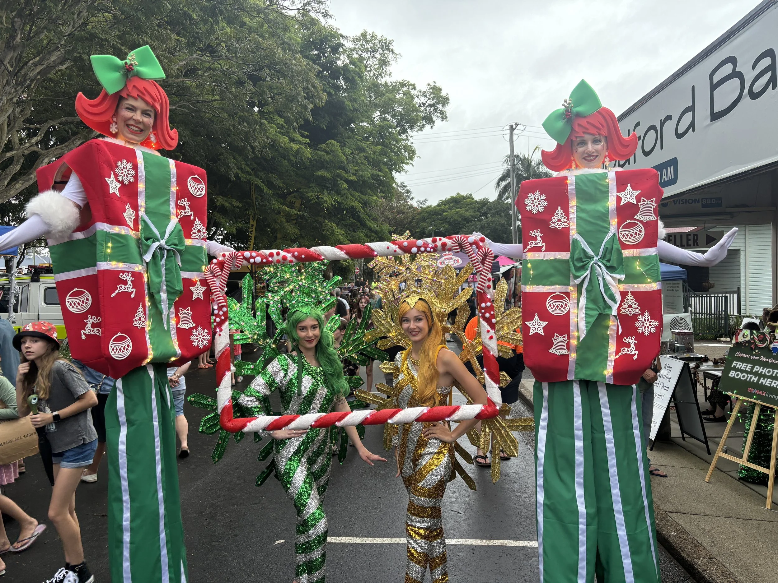 Side view walking present costume