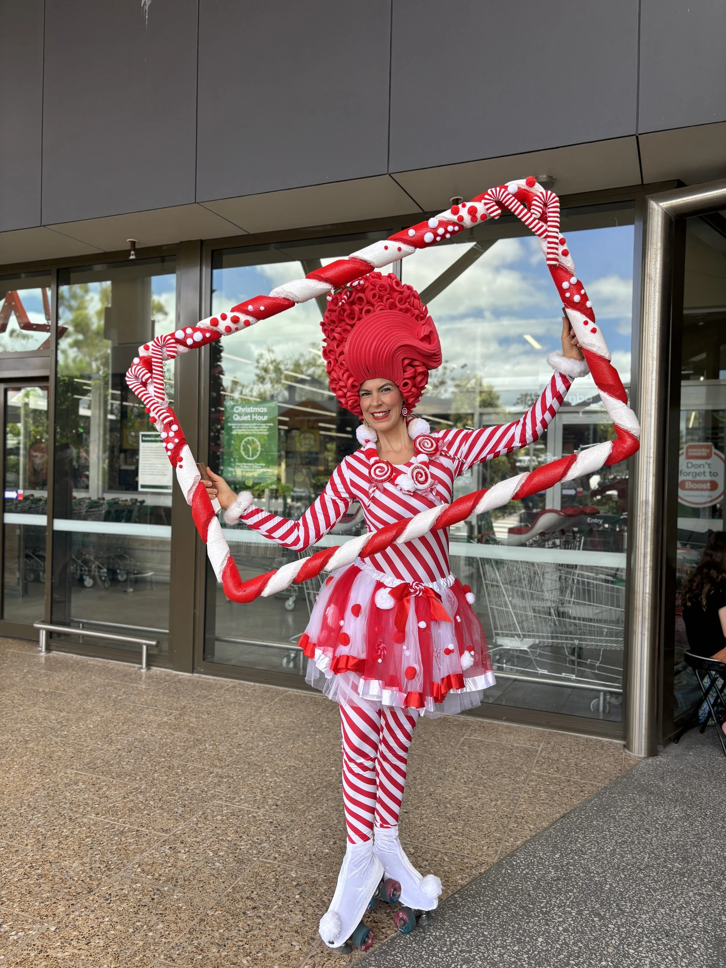 Christmas candy cane rollerskating event entertainment, roaming performer, Brisbane