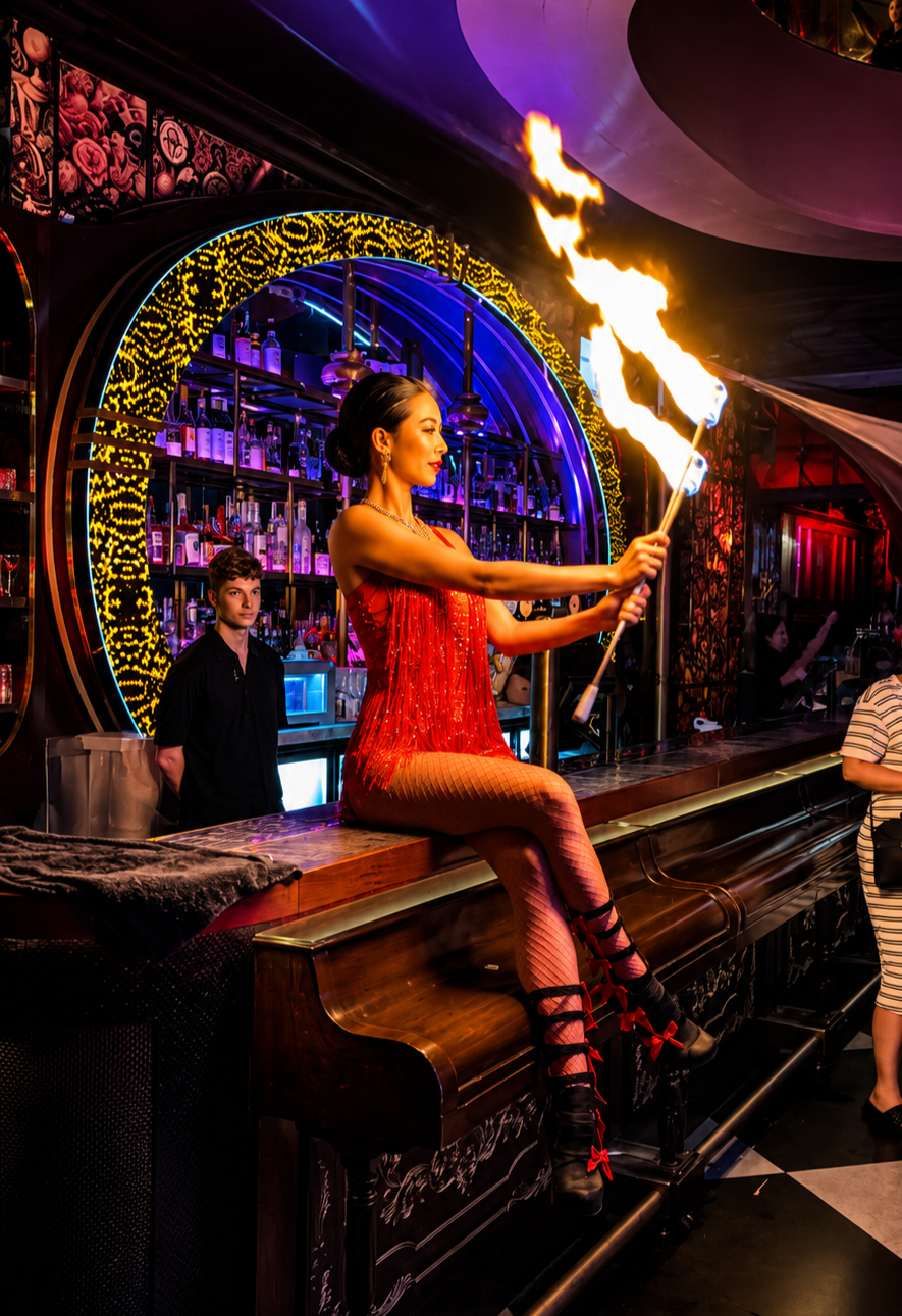 Fire performer entertaining guests on a nightclub bar in Brisbane.