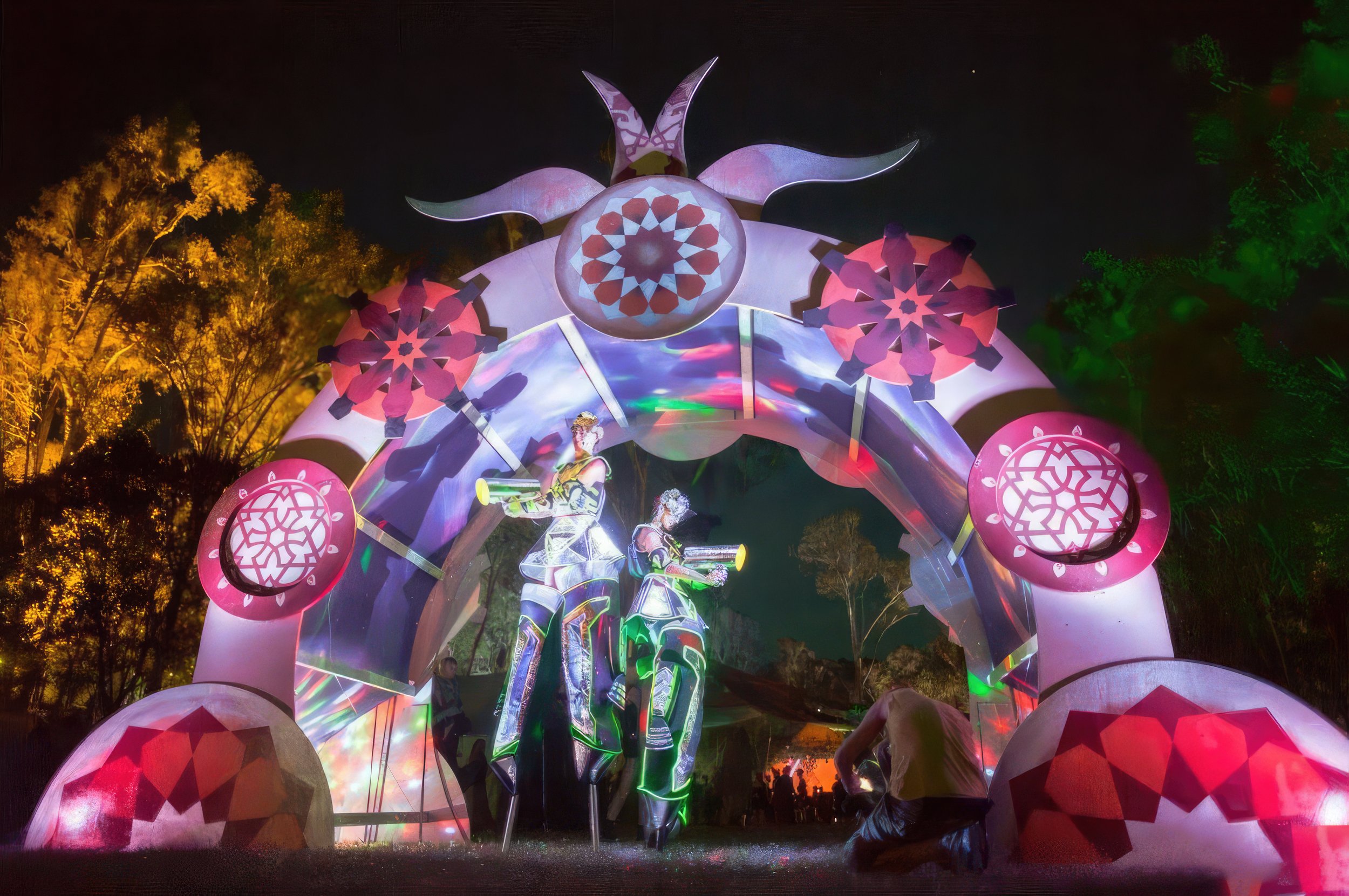 Eyes Up Events futuristic space themed event entertainment Brisbane, LED illuminated robot stilt walkers