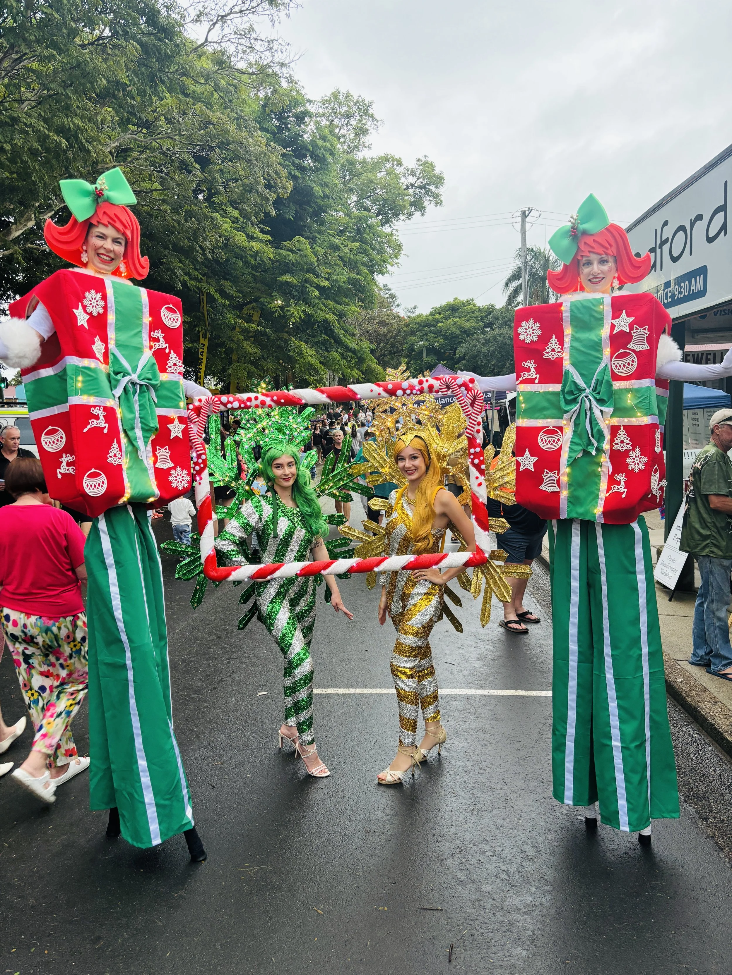 Christmas stilt walkers Sunshine Coast