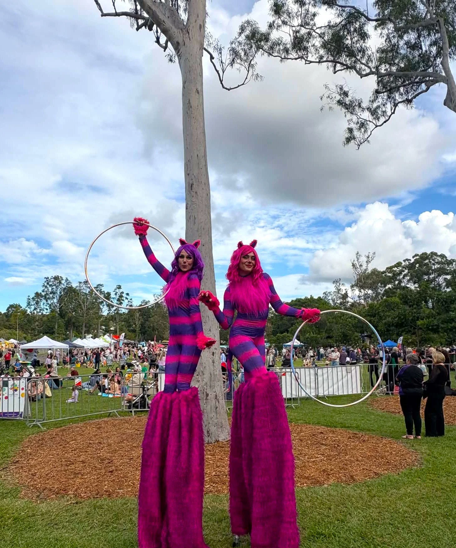Pink cat costume stilt performers posing with hula hoops in front of a festival crowd.