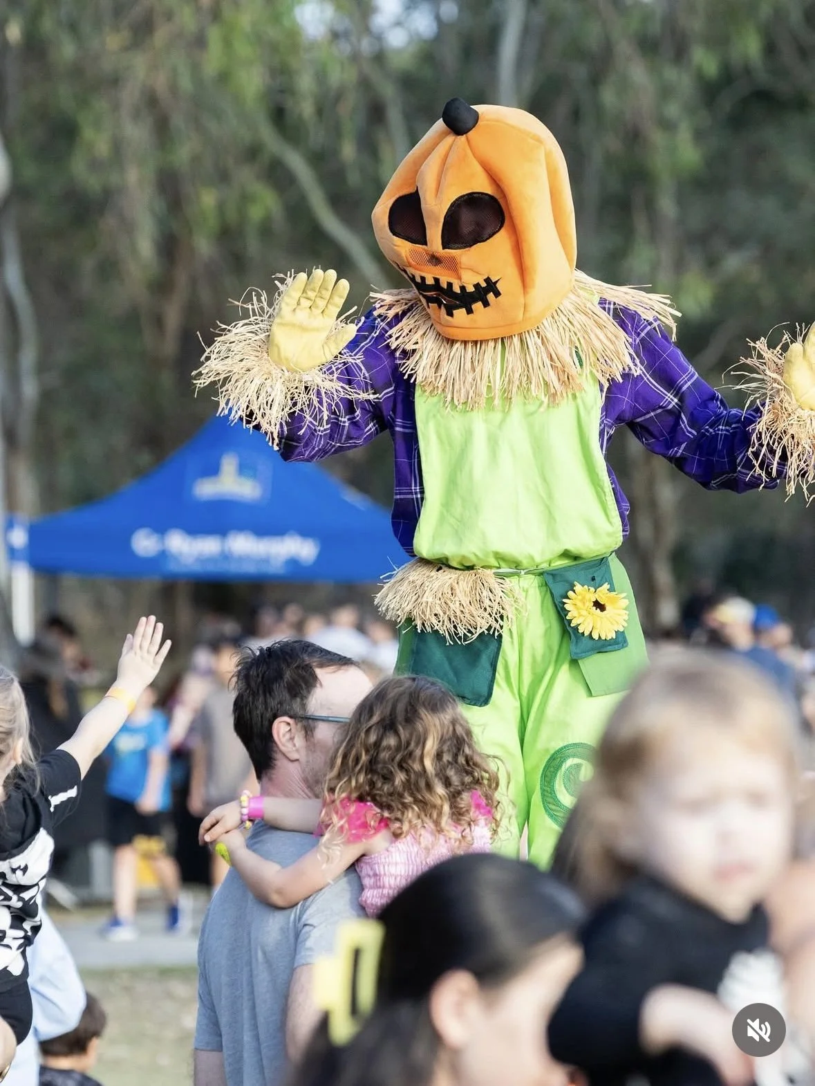 Friendly stilt walker character for Halloween